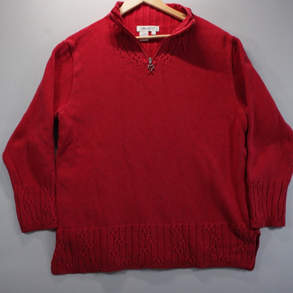Coldwater Creek Red Cable Knit Quarter Zip Sweater Heart Pull Large Comfort Fall